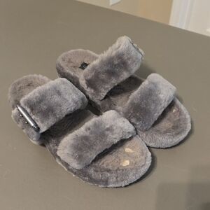 UGG Gray Plush Slide Slippers with Logo